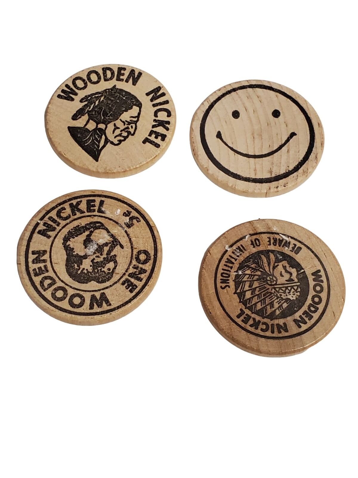 Wood Smiley face nickel mixed lot round chips Sesquicentennial set of 4