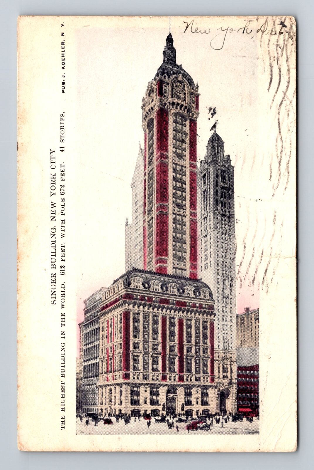 New York City, Singer Building, Antique Souvenir Vintage c1907 Postcard
