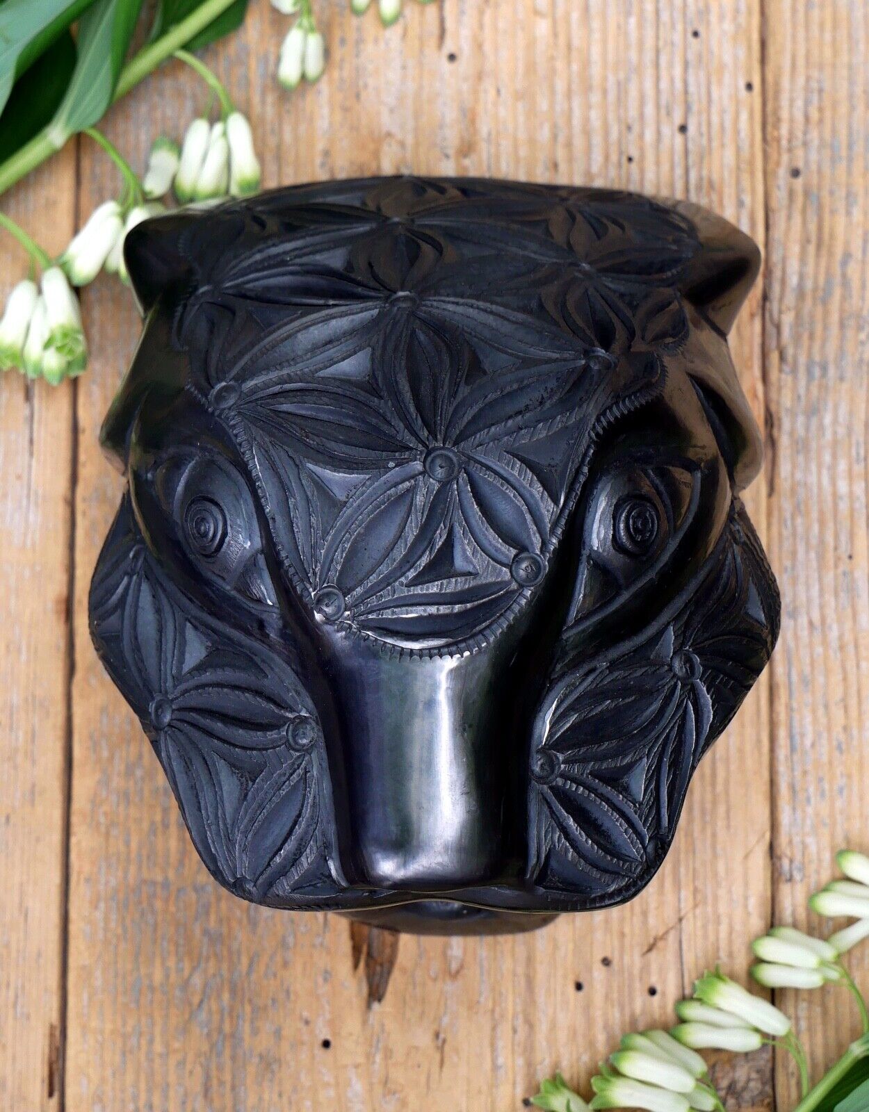 Jaguar Mask Black Clay Burnished San Bartolo Coyotepec Handmade Oaxaca Mexico