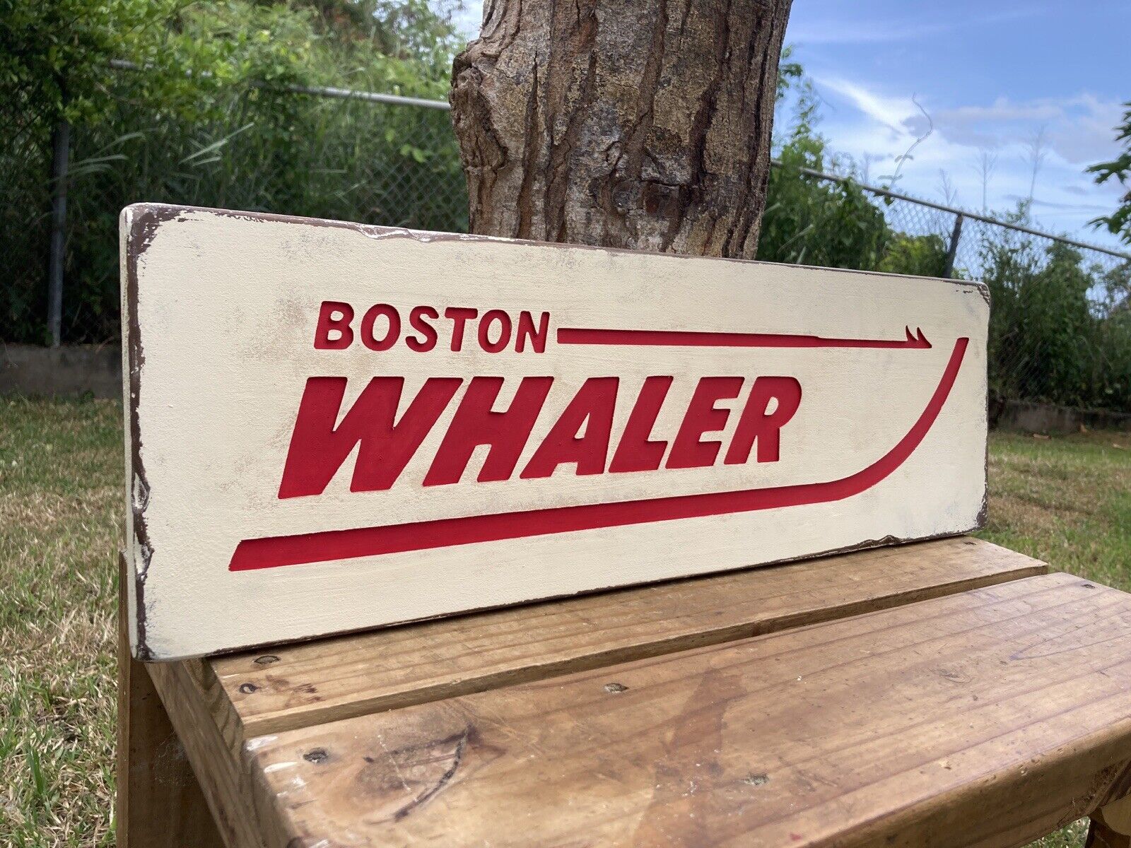 Boston Whaler Carved Wood Sign Nautical Distressed Vintage Antique Look