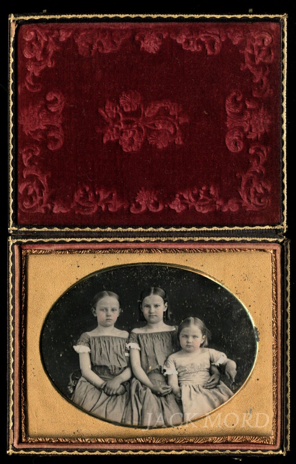 Beautiful 1/4 Daguerreotype ~ Sisters Holding Hands - Matching Dresses Tinted