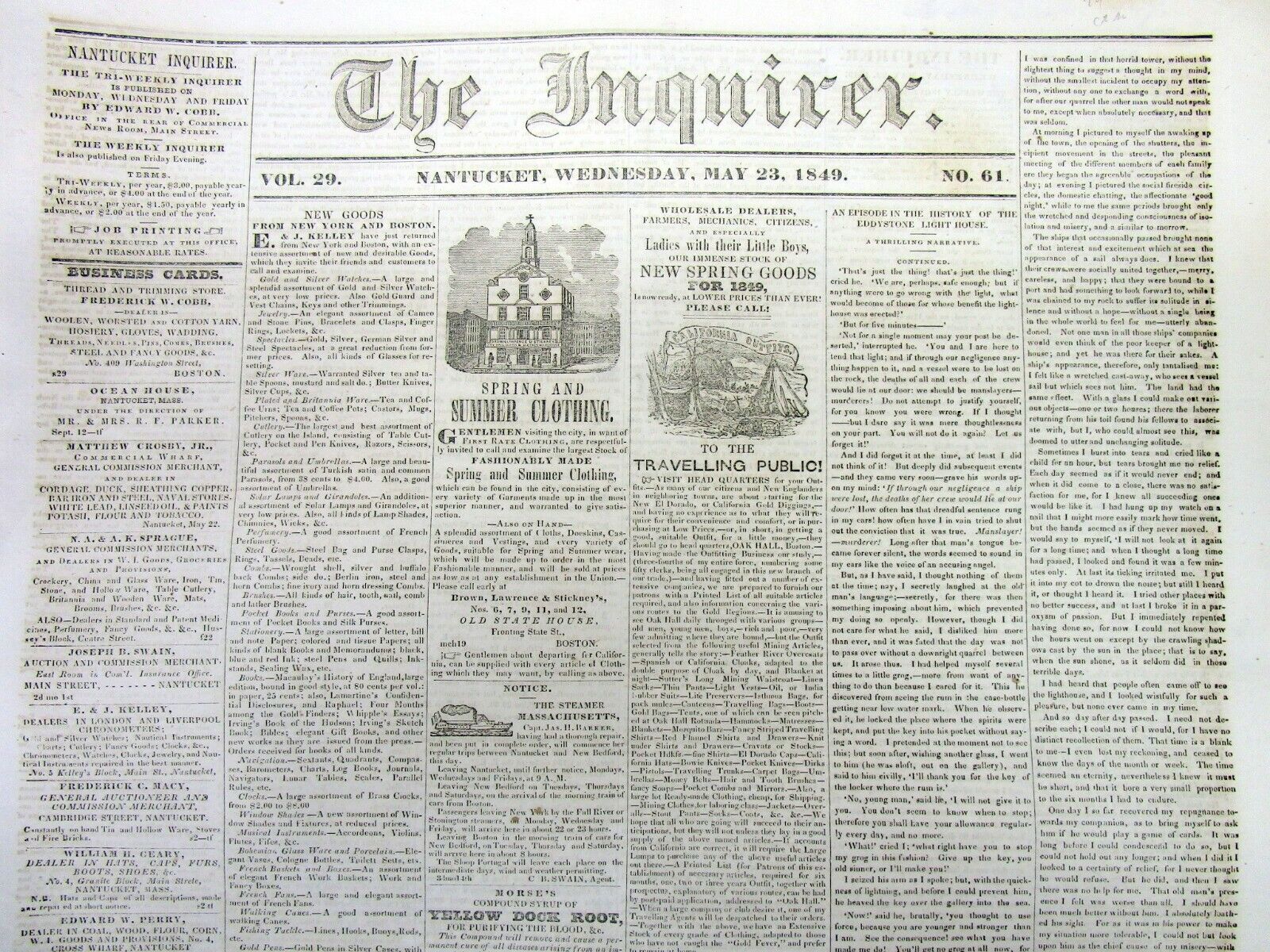 1849 NANTUCKET Massachusetts newspaper w Illustrated CALIFORNIA GOLD RUSH AD