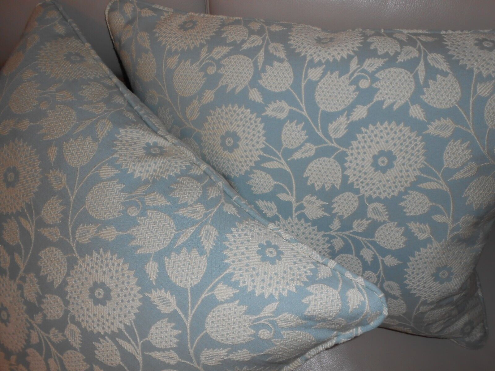 Schumacher fabric pillows woven Flower blue ivory cotton linen custom new PAIR