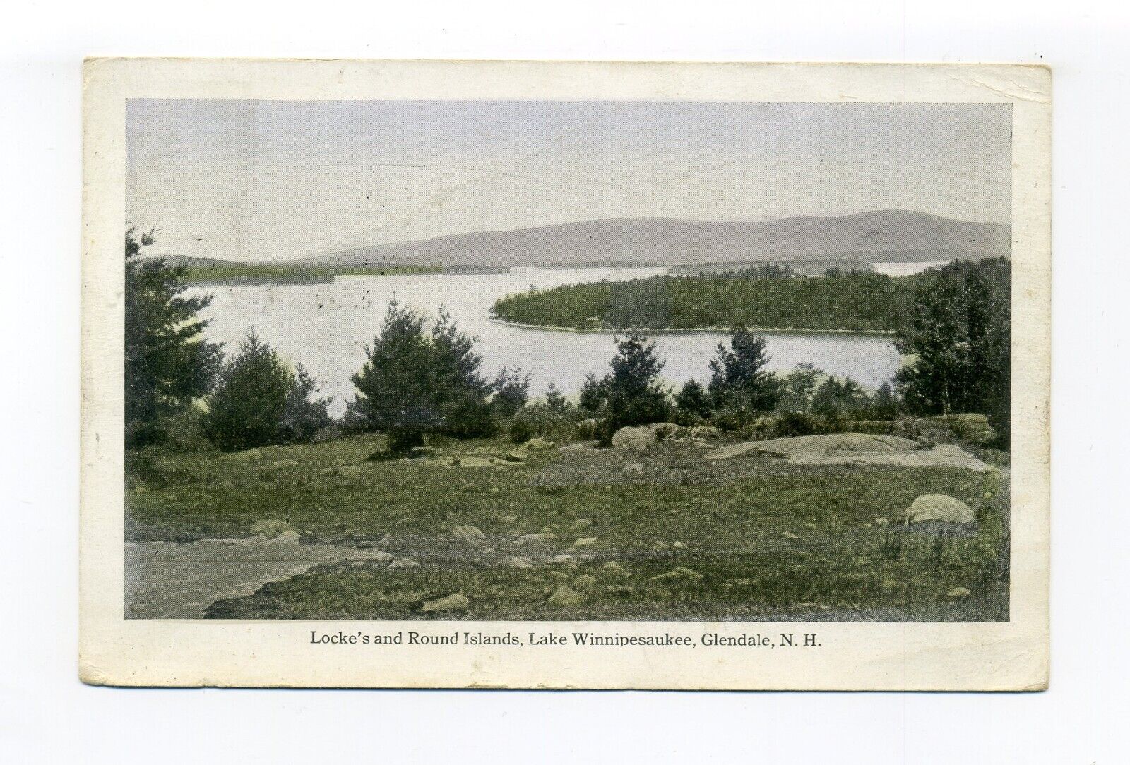 Glendale NH 1923 postcard, Locke\'s and Round Islands, Lake Winnipesaukee, rocky