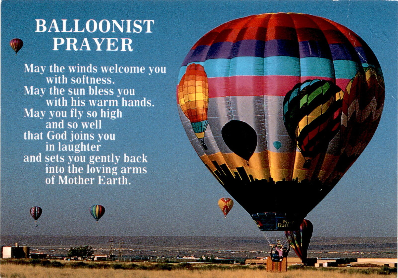 hot air balloon, prayer, gentle winds, blessings, sun, safe flight, Postcard