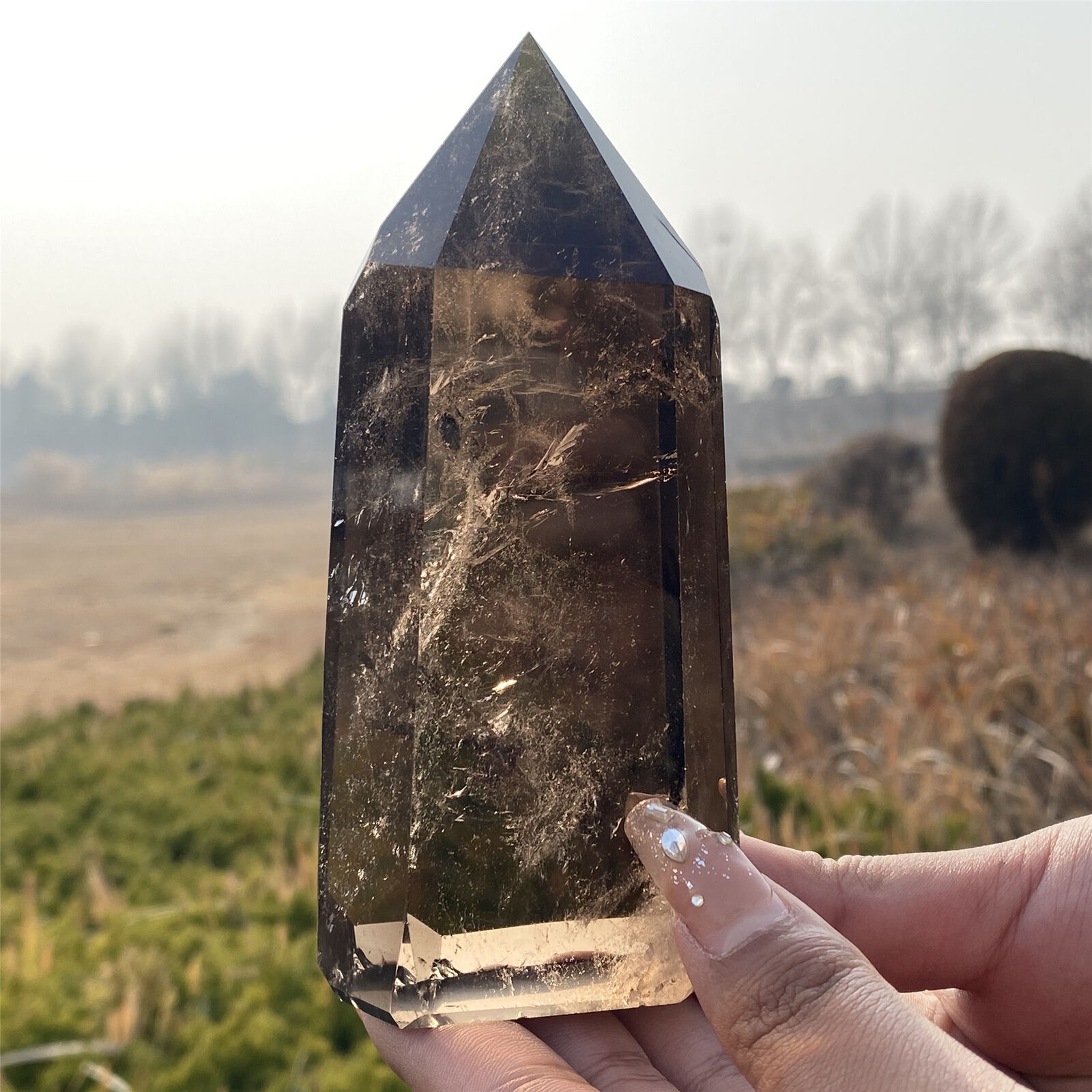 460g top natural smoky quartz obelisk crystal wand healing MXA5321