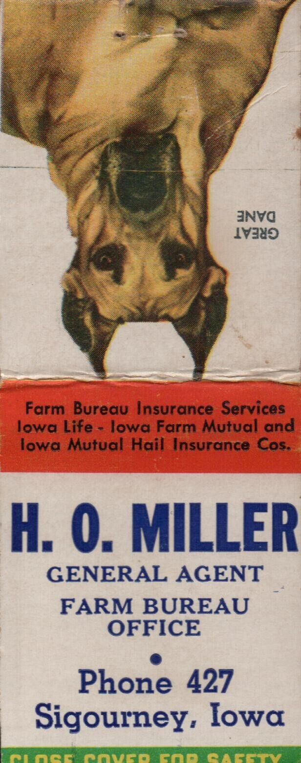 Vintage Bobtail Matchbook Cover H.O. Miller  Farm Bureau Office Sigourney Iowa