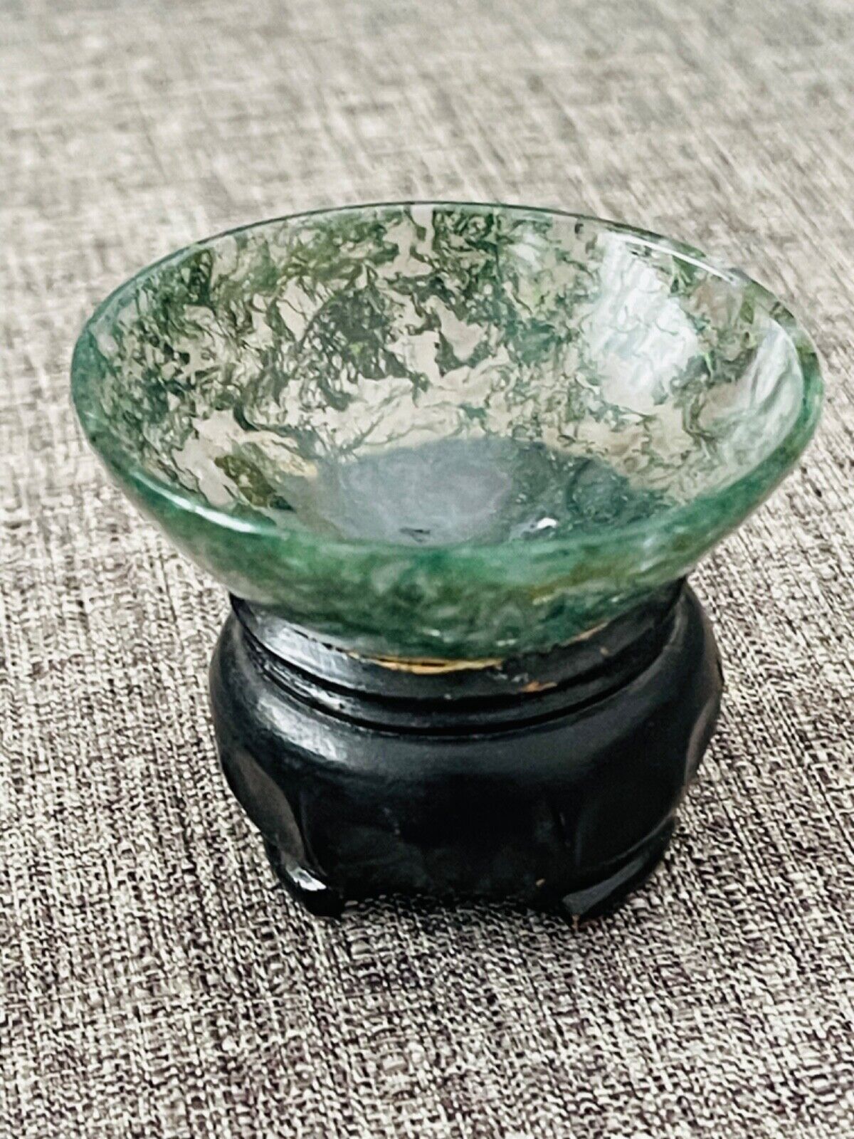 Moss Agate Bowl Hand Carved Gemstone Healing Home Decor w Wood Display 1.75\