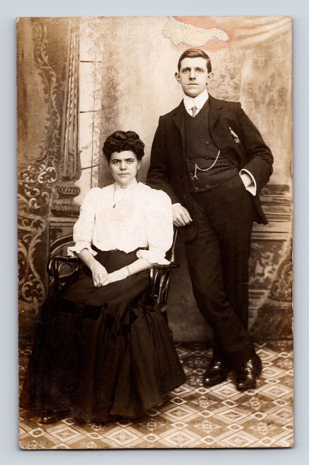 RPPC Portrait of Distinguished Man & Woman 3 Piece Suit Postcard