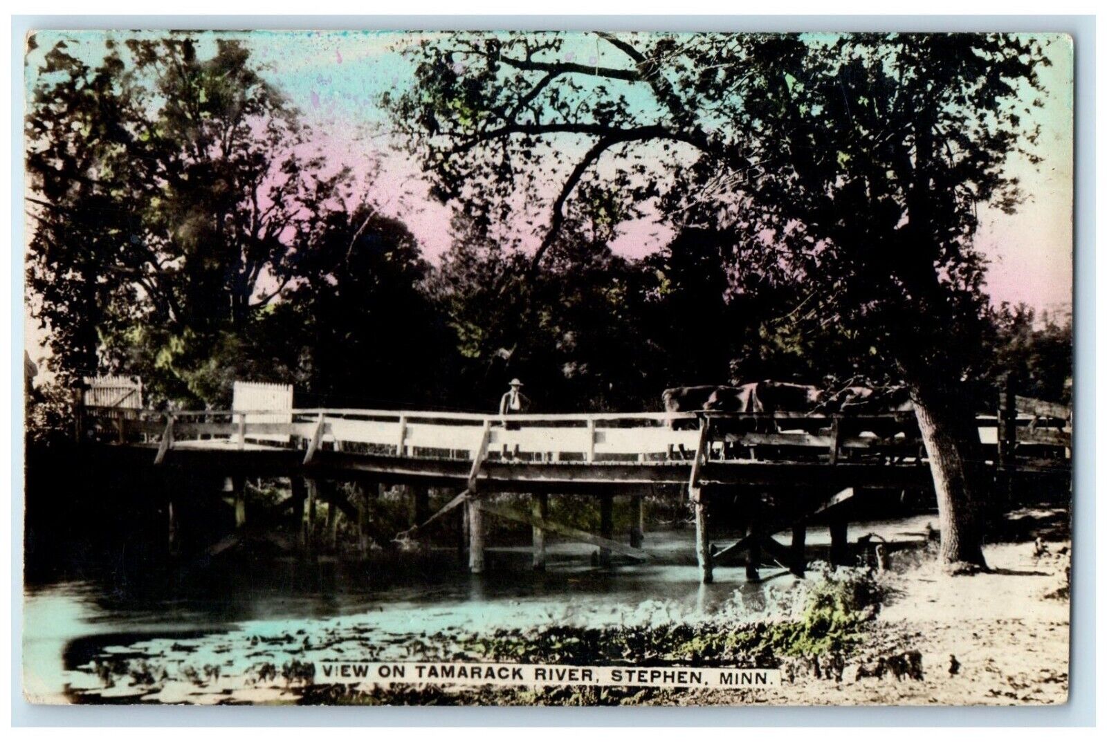 1909 View On Tamarack River Bridge Stephen Minnesota Tinted RPPC Photo Postcard