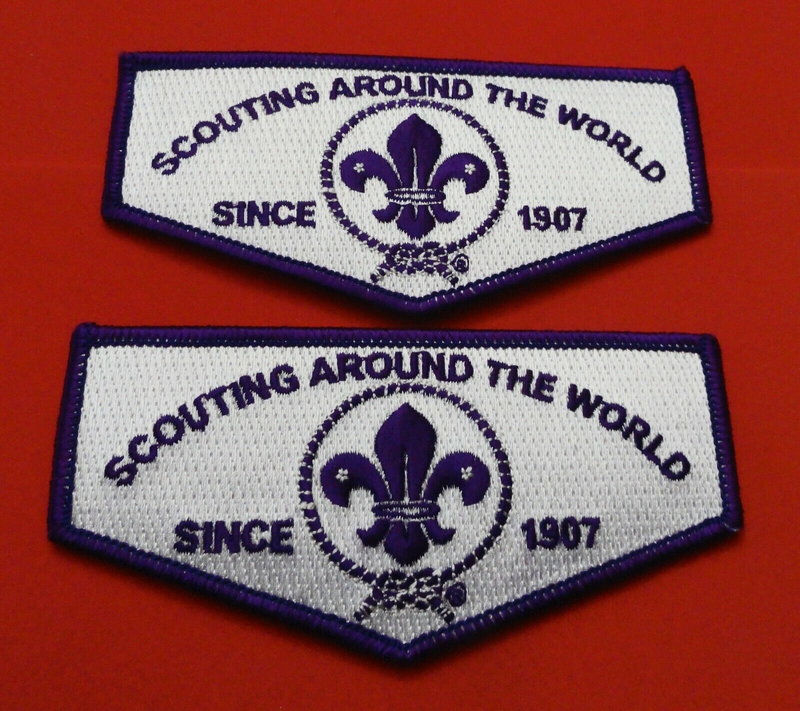 TWO World Scouting Crest Flaps: Purple Border - Since 1907