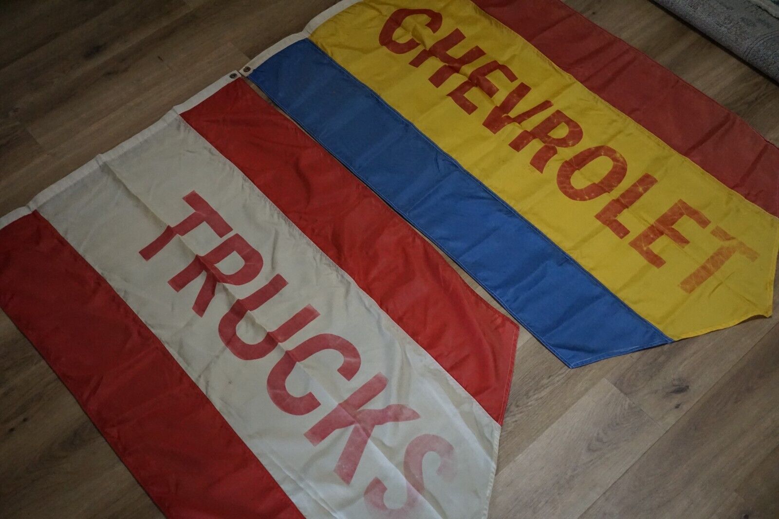 Lot of 2 Rare Chevrolet Truck Dealer Advertising Banners Signs Flags 57\