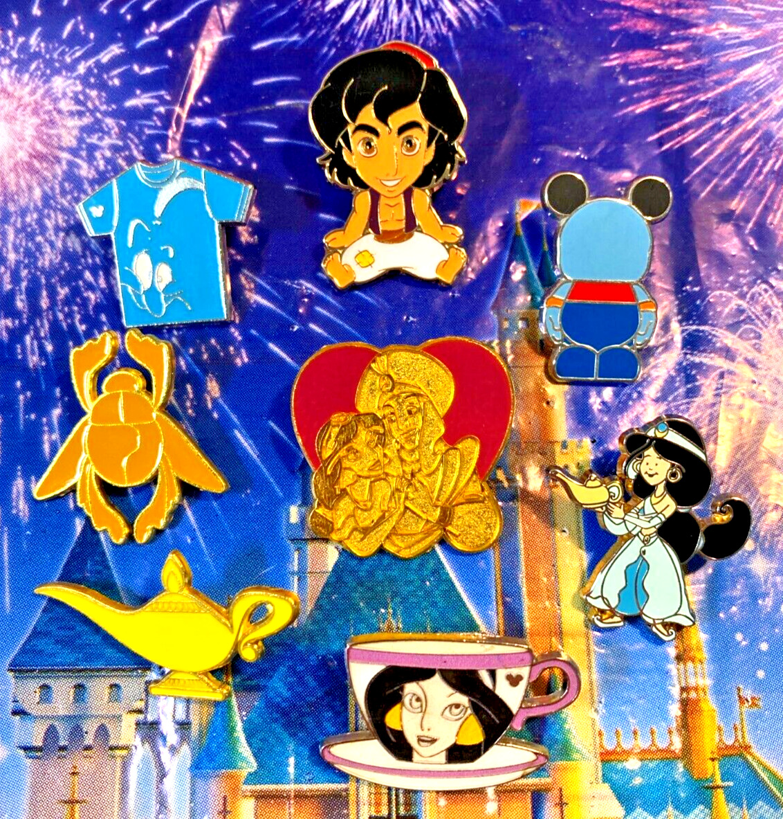 🧞 Aladdin and Jasmine 8 Pin Lot Genie T-Shirt, Aladdin, Lamp Jasmine Teacup Pin