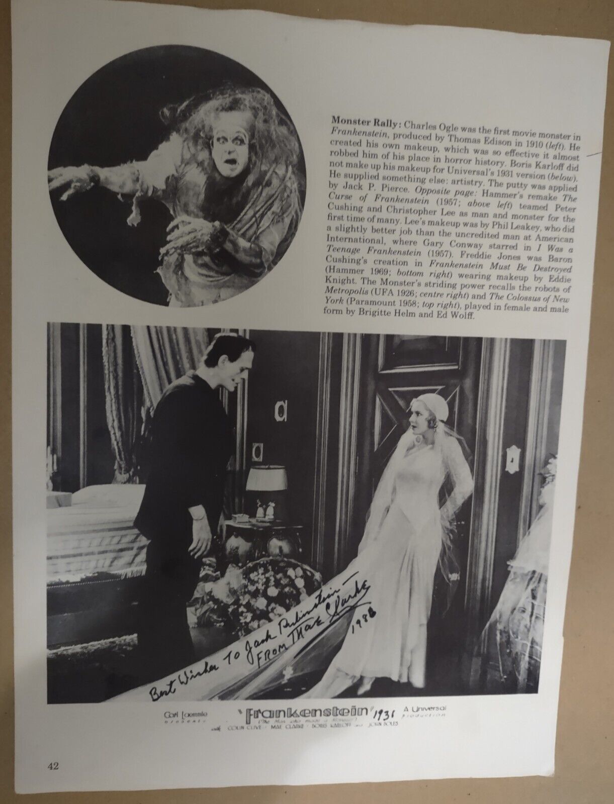 Mae Clarke/Boris Karloff Signed book picture. Scene from the first FRANKENSTEIN.