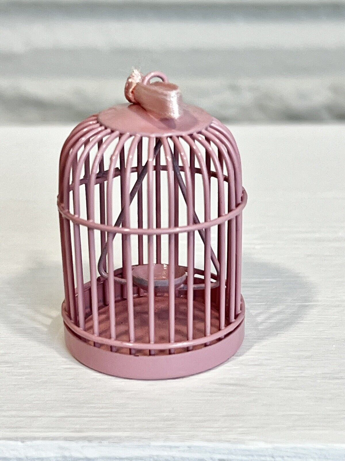 Vintage Miniature Metal Christmas Ornament PINK Bird Cage for Dollhouse