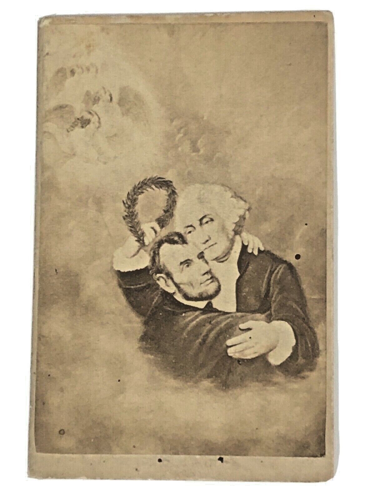 RARE CDV MEMORIAL CARD GEORGE WASHINGTON AND ABRAHAM LINCOLN APOTHEOSIS c.1865