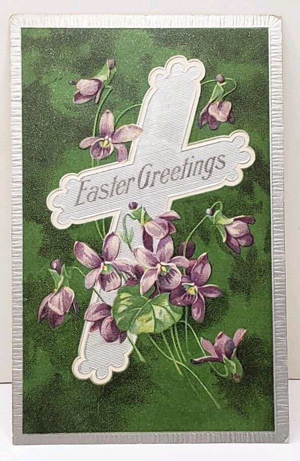 Easter Greeting Silver Cross Purple Flowers 1908 Embossed Phila Pa Postcard A15