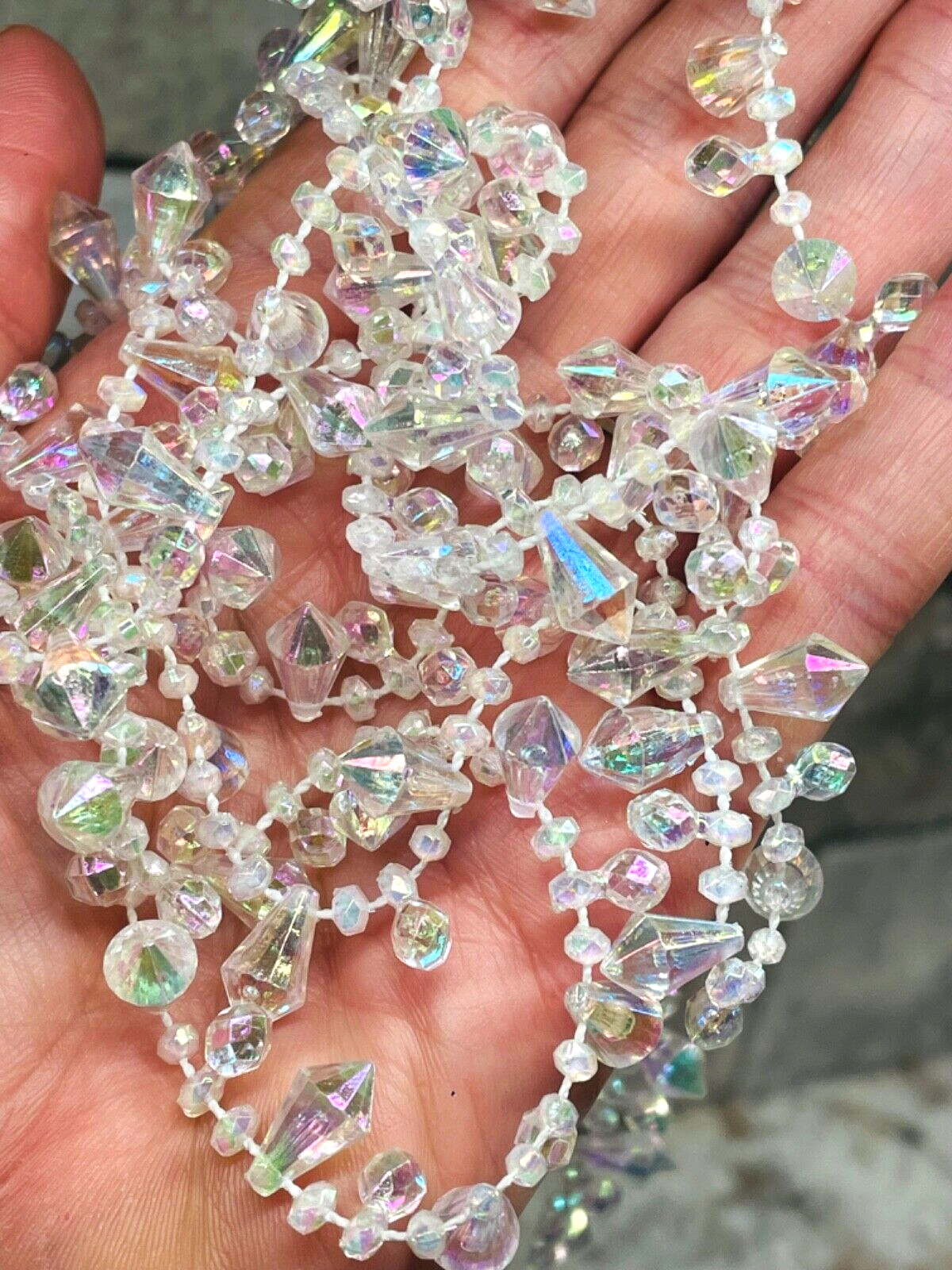 Christmas Iridescent Clear Bead Garland String Strand Faceted Varied Shapes 107\