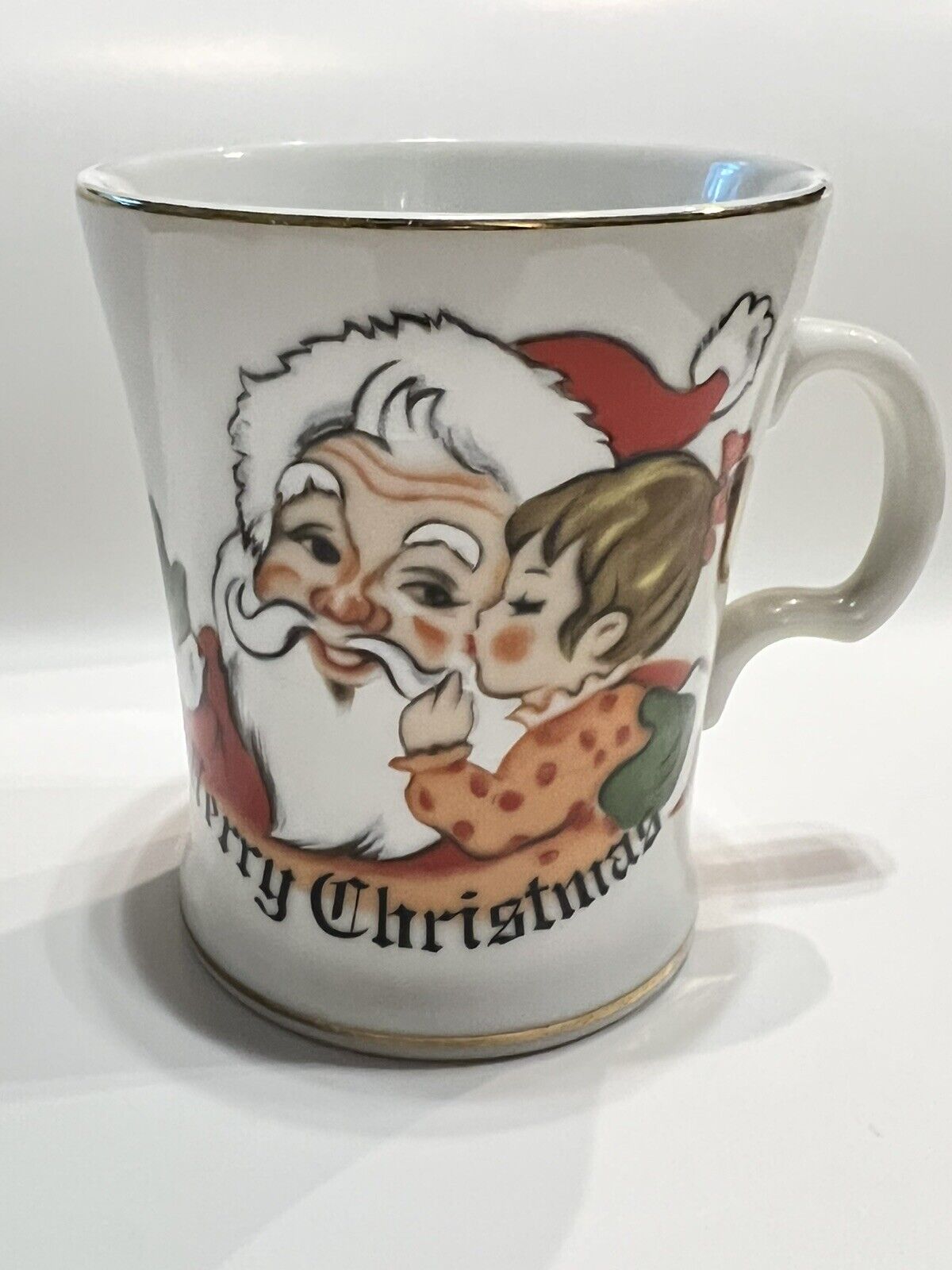 VTG Lefton Merry Christmas Mug MCM Santa Little Girl Kiss Gold Edging White Cup