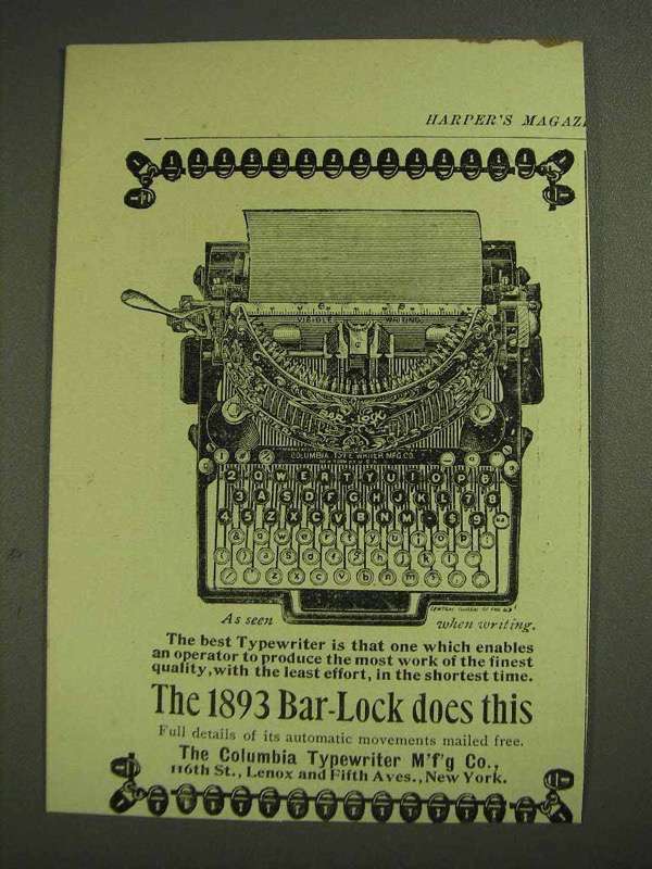 1893 Columbia Bar-Lock Typewriter Ad - Does This