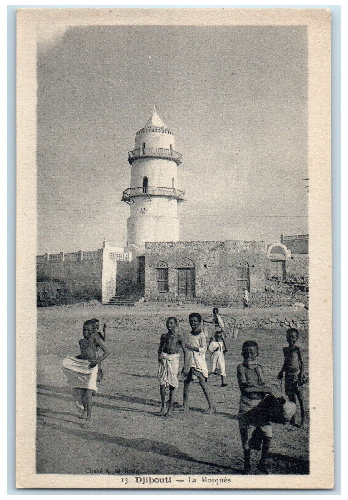 c1940's Kids Playing Smiling Scene at The Mosque Djibouti East Africa Postcard
