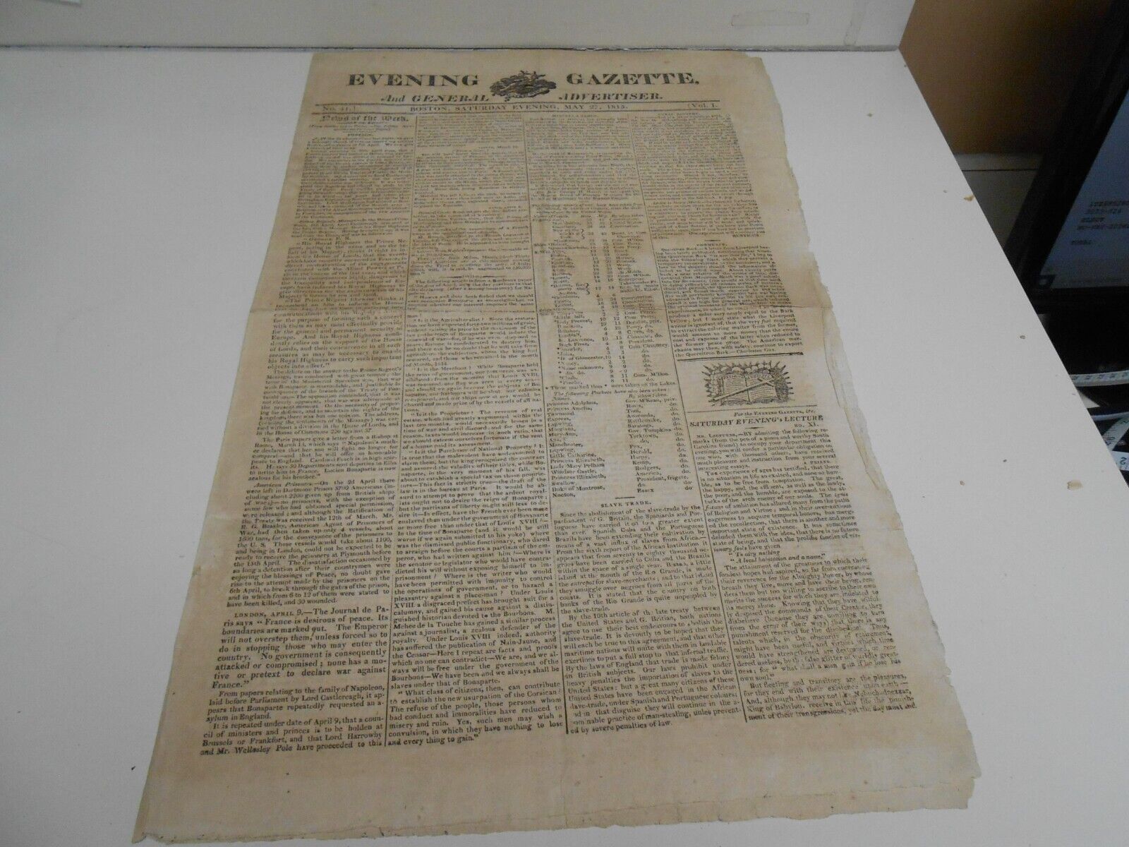 May 27th, 1815 Evening Gazette (Boston) 4 Page Newspaper