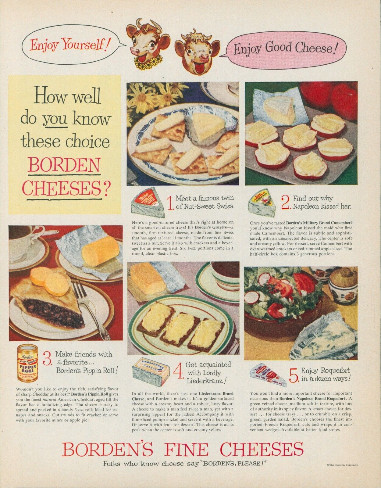 1951 Bordens Fine Cheeses Pippin Roll Gruyere Liederkranz Vintage Print Ad LO7