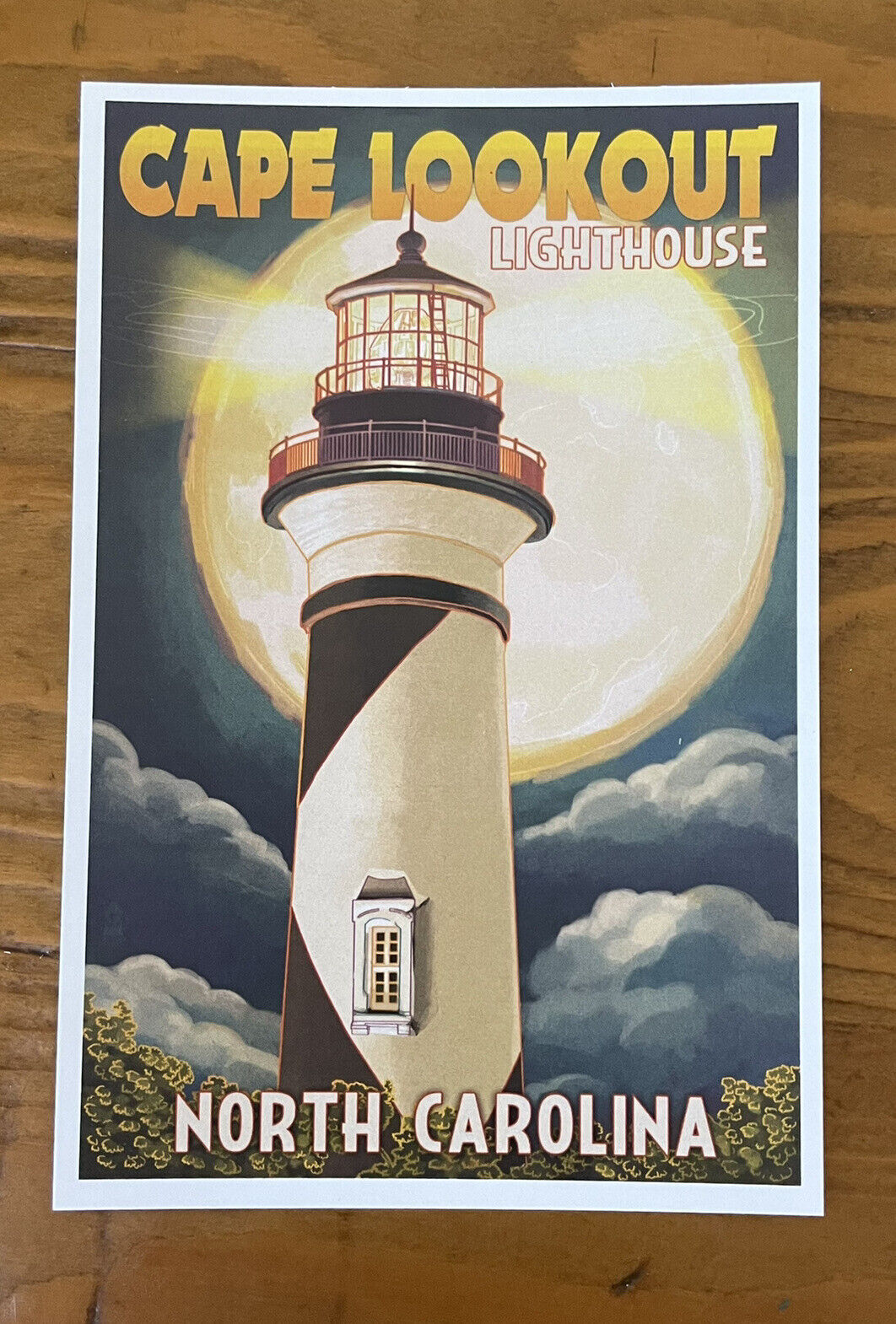 Cape Lookout Lighthouse & Full Moon - North Carolina - Lantern Press Postcard