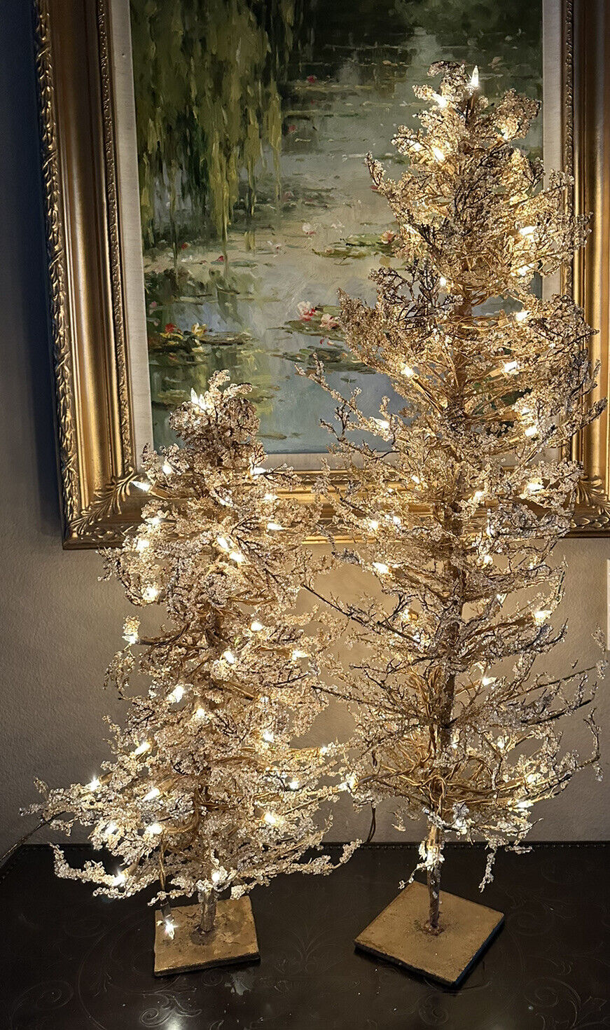 Vintage Gold Jeweled Christmas Trees 3 ft & 2 ft  With Lights  Rare