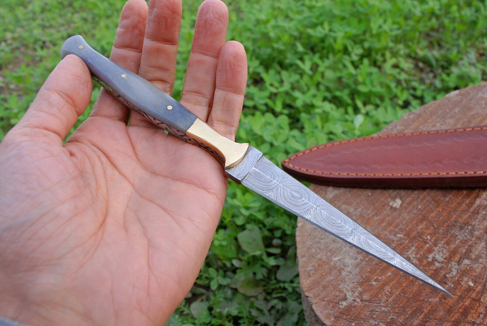 Custom Damascus steel hunting dagger fixed blade boot knife sheath DOUBLE-EDGE