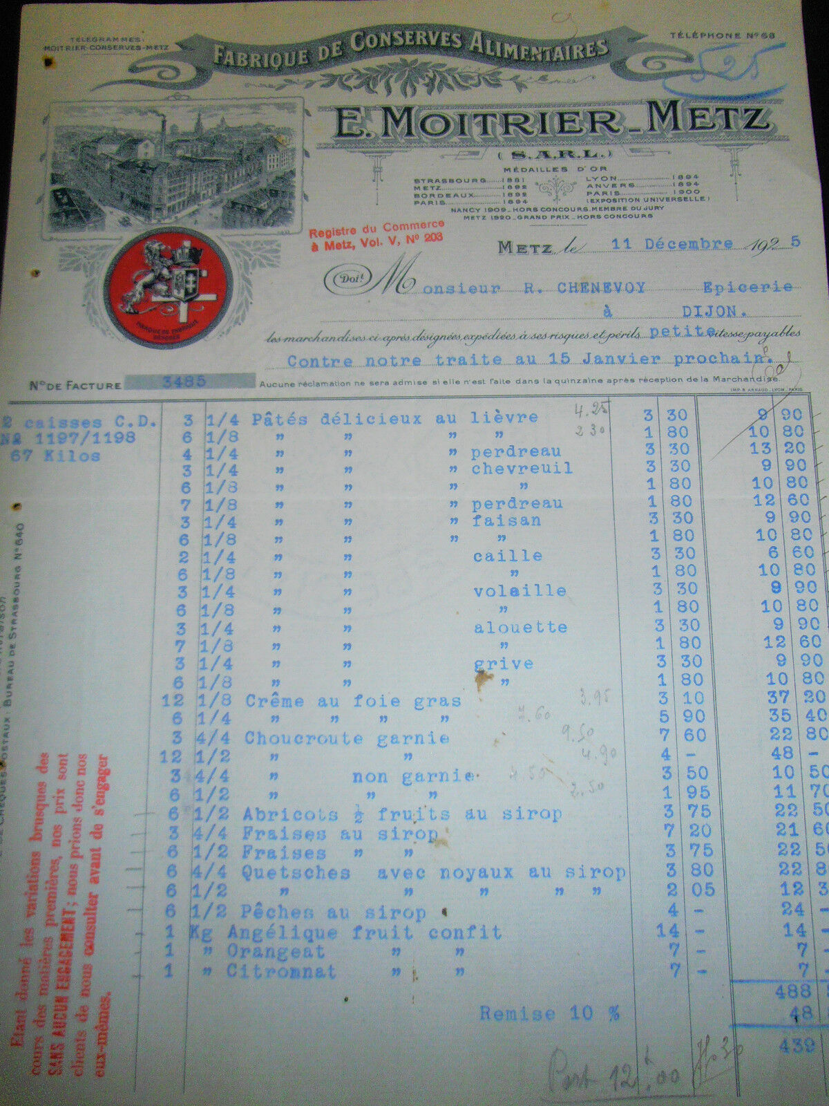 Invoice - Canned Food - Metz - Moselle - 57 - Year 1925 (Ref 75)