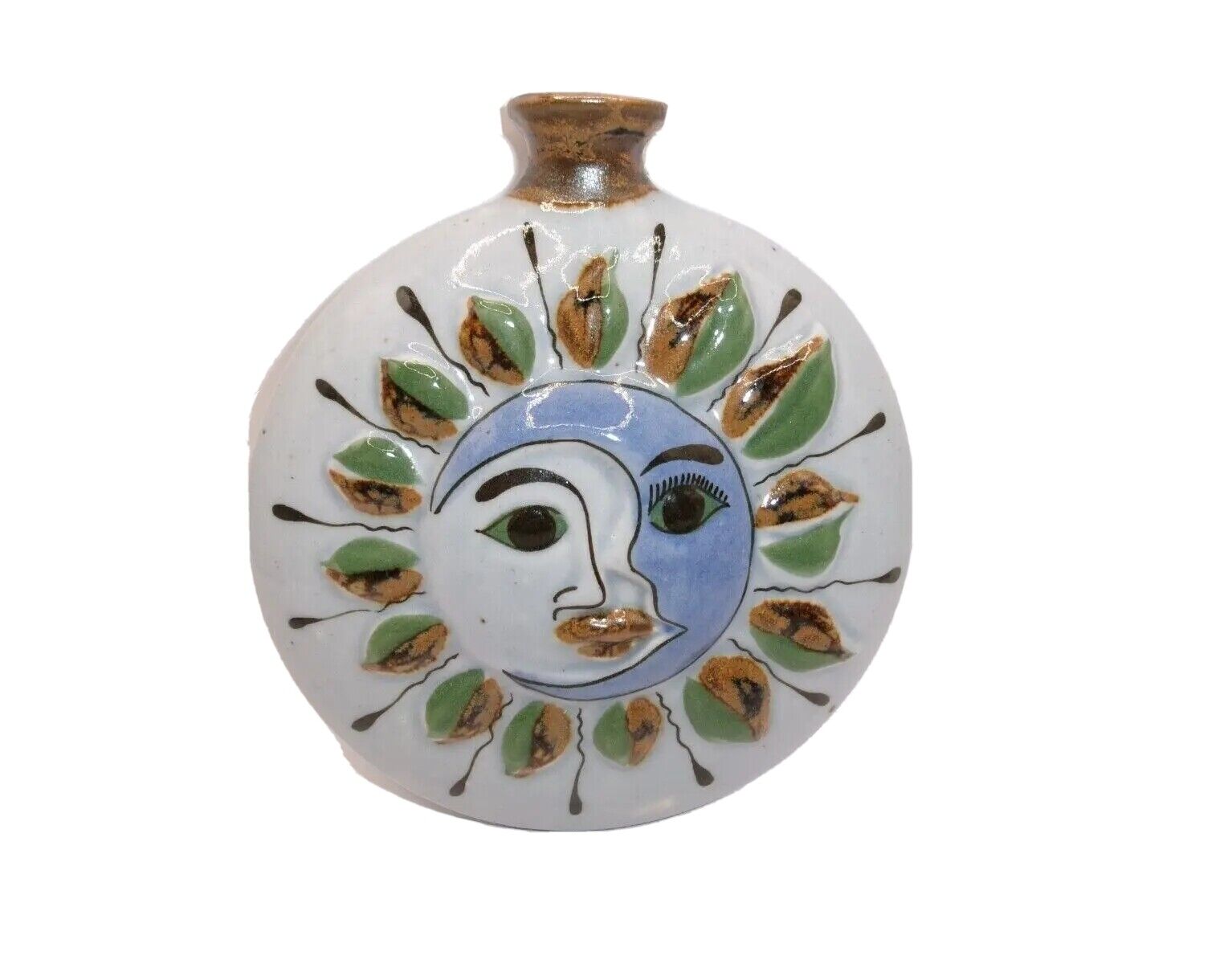 Mexican Pottery Wall Pocket Jug Sun & Moon Face Blue Green Brown Signed Mexico