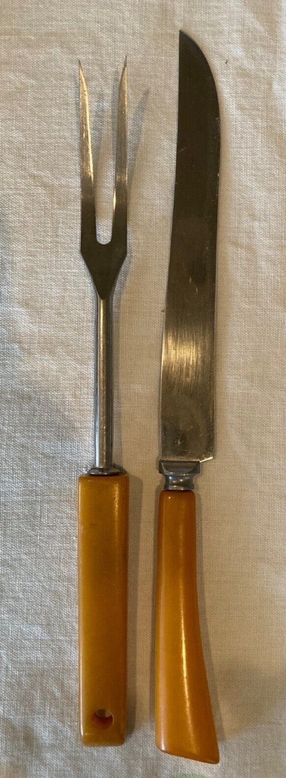 Vintage 1940s Butterscotch Handle Bakelite or Catalin Large Carving Knife & Fork