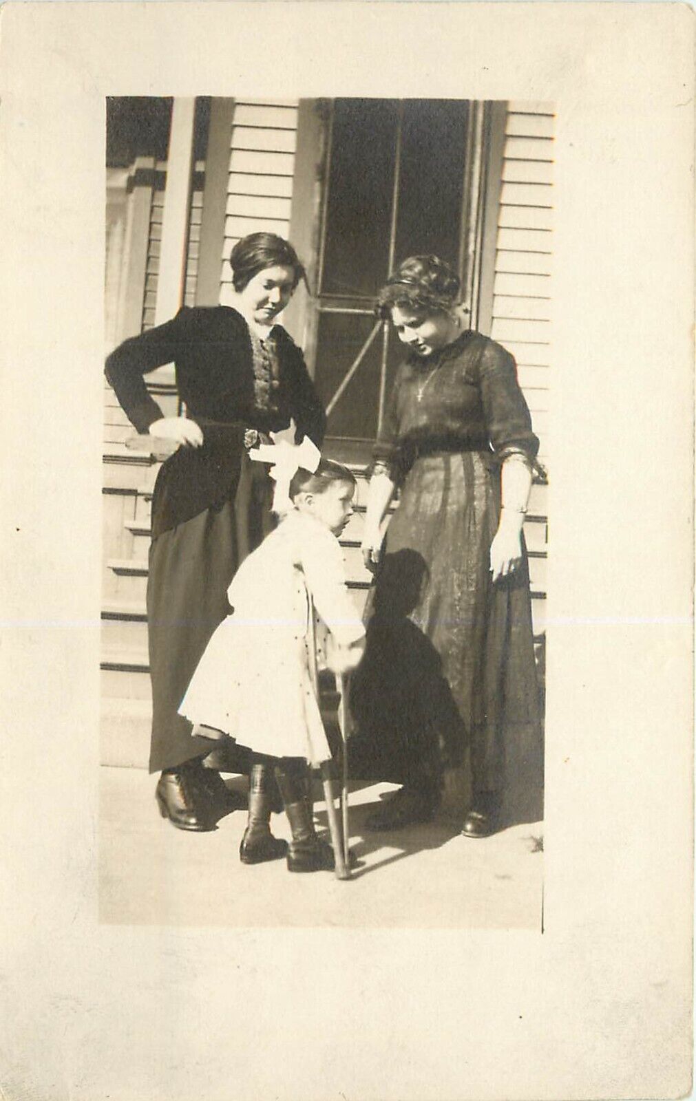 1910s RPPC Women & Crippled Child w/Crutches Polio? Unknown US Location Unposted