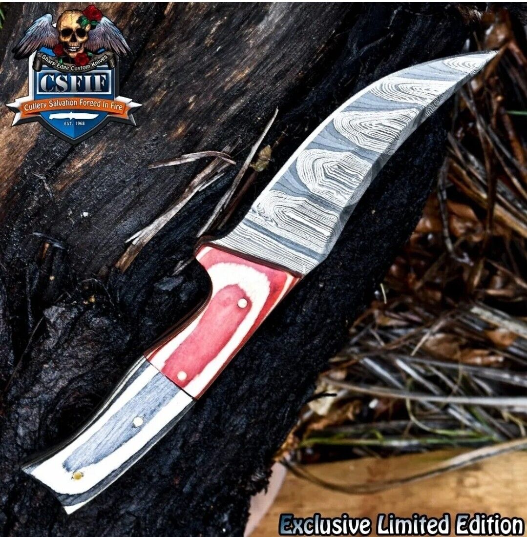CSFIF Custom Skinner Knife Twist Damascus Hard Wood Wooden Bolster VC#12