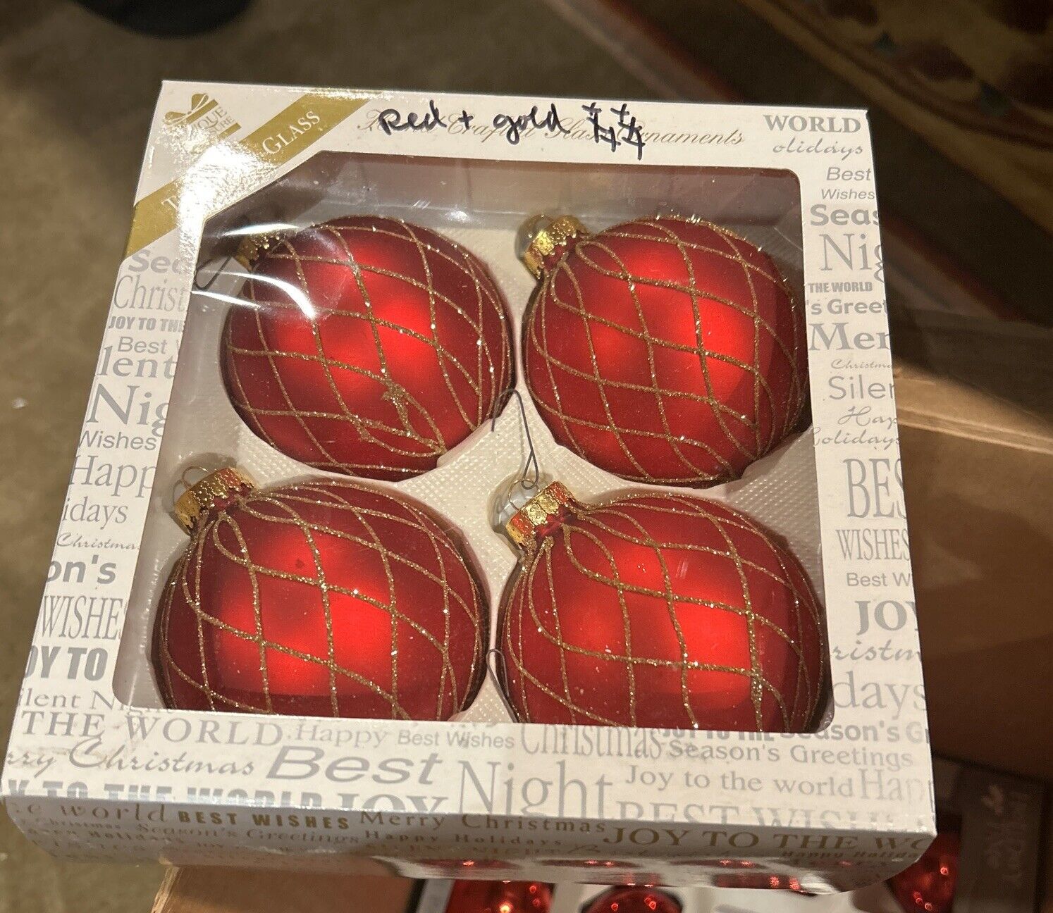 Vintage Set Of 4 Glass Christmas Tree Ornaments Large Red W/ Gold Glitter In Box