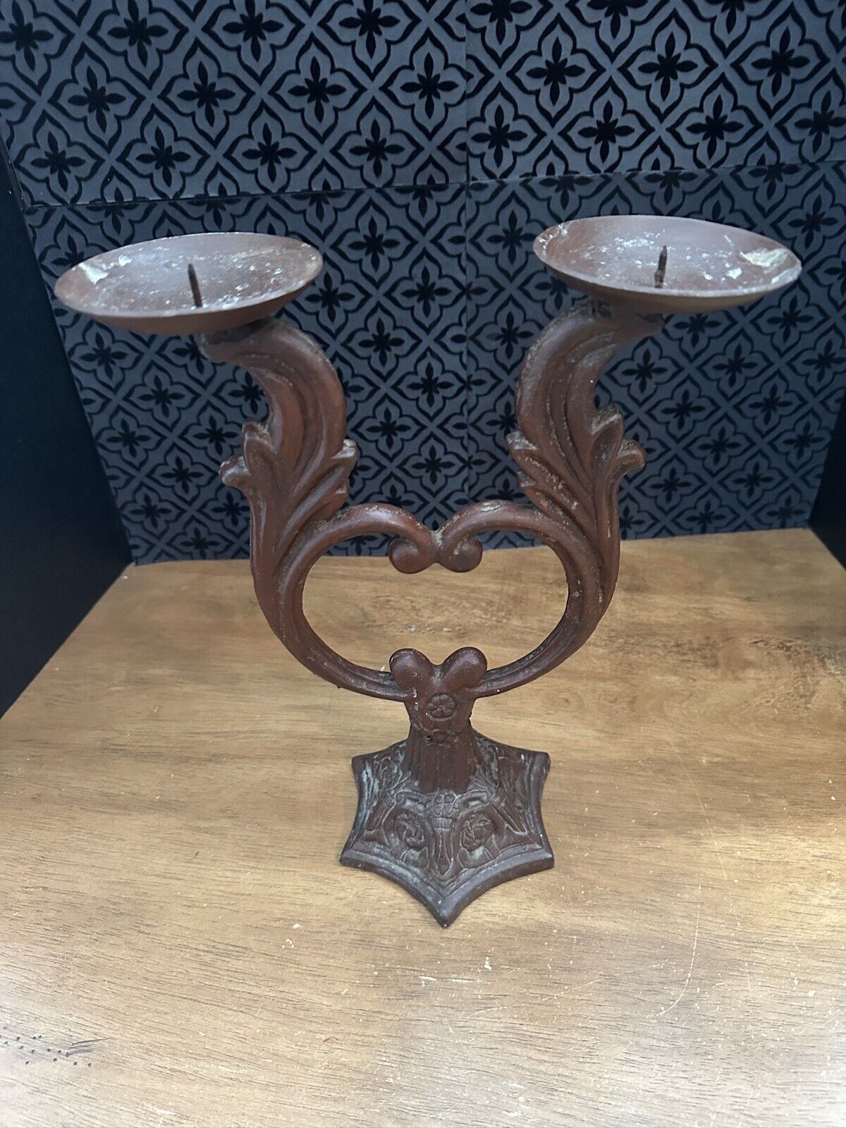 Antique Cast Iron Heart Two Arm Double Candelabra Candle Holder Heavy Rare