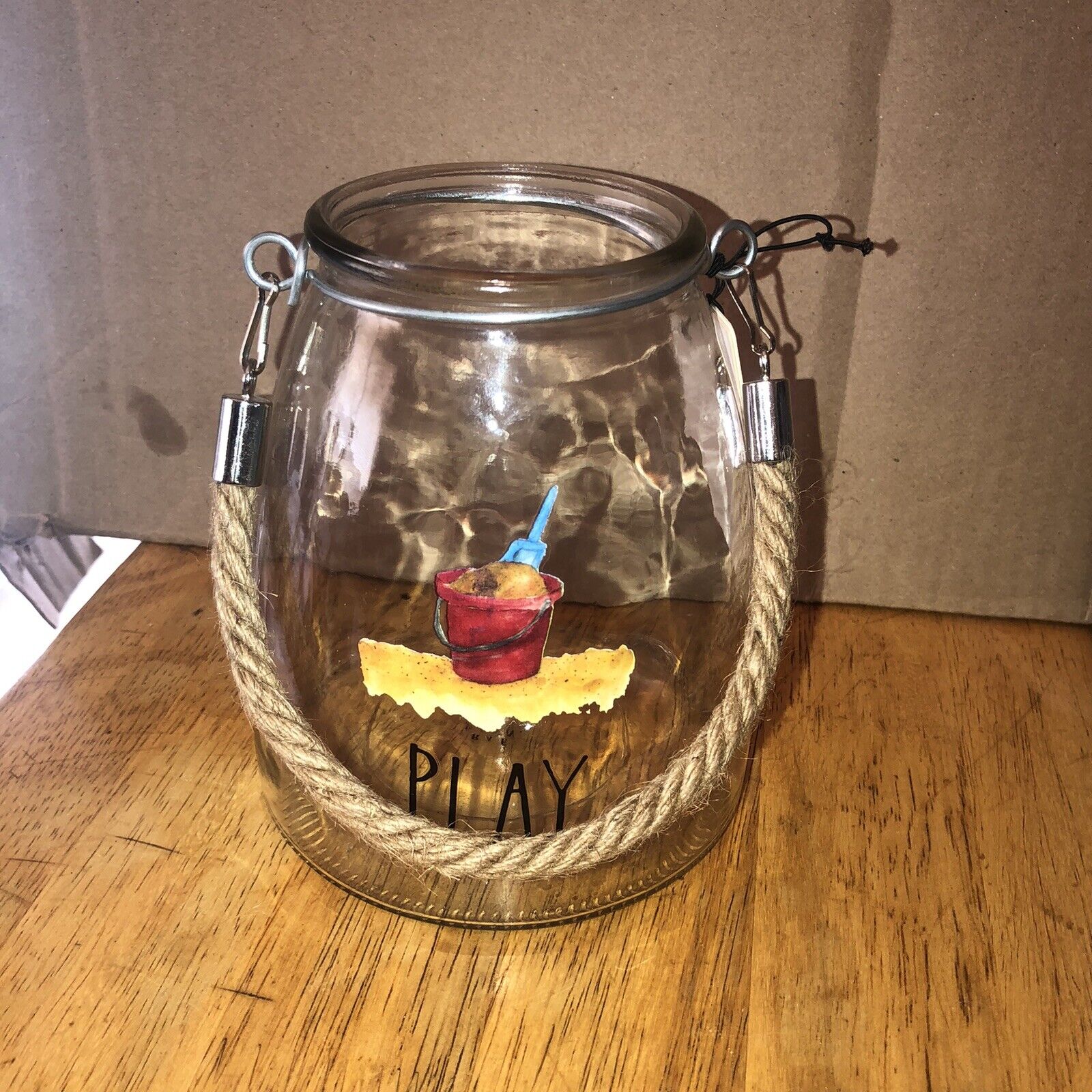 Rae Dunn RARE Glass Hanging Glass Jar Hurricane Candle Holder Sand Bucket Play