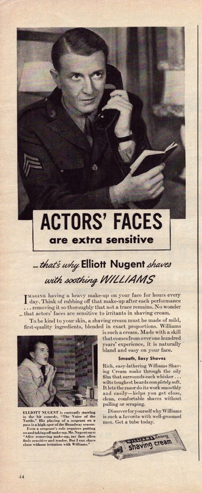 1945 Williams Luxury Shaving Cream Print Ad WWII Actor Elliott Nugent