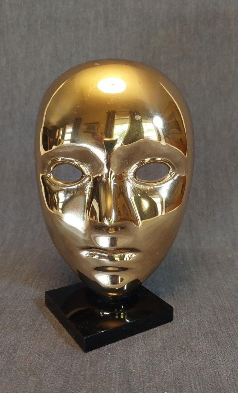 Decorative Brass Mask, Face Art Deco on Black Stand
