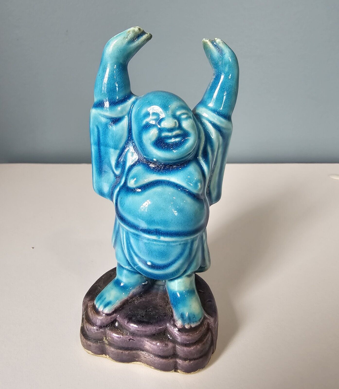 Blue Ceramic Laughing Buddha Figurine 4” Tall Japan