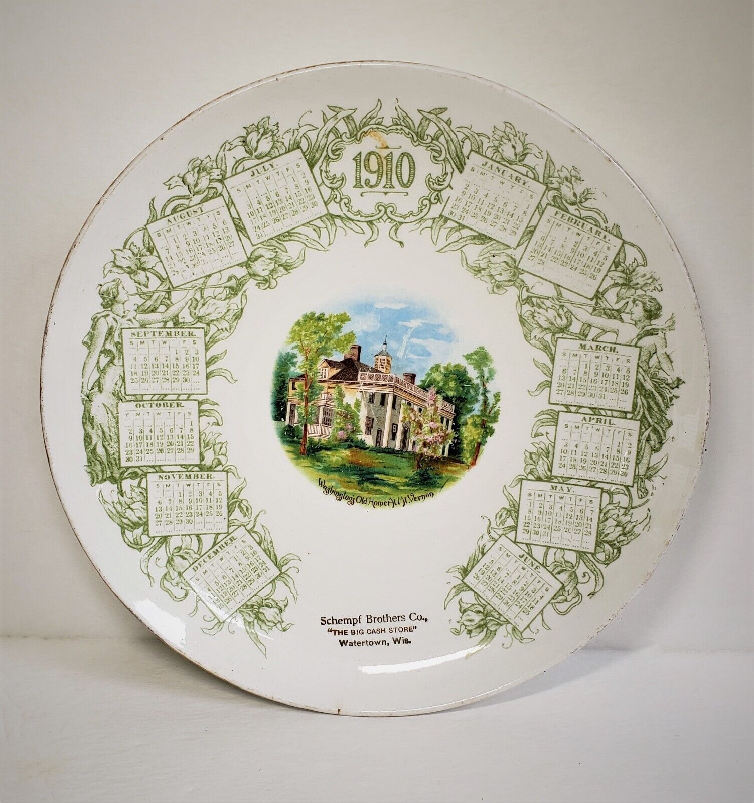 Antique 1910 Watertown Wisconsin Calendar Plate Souvenir Mount Vernon Washington