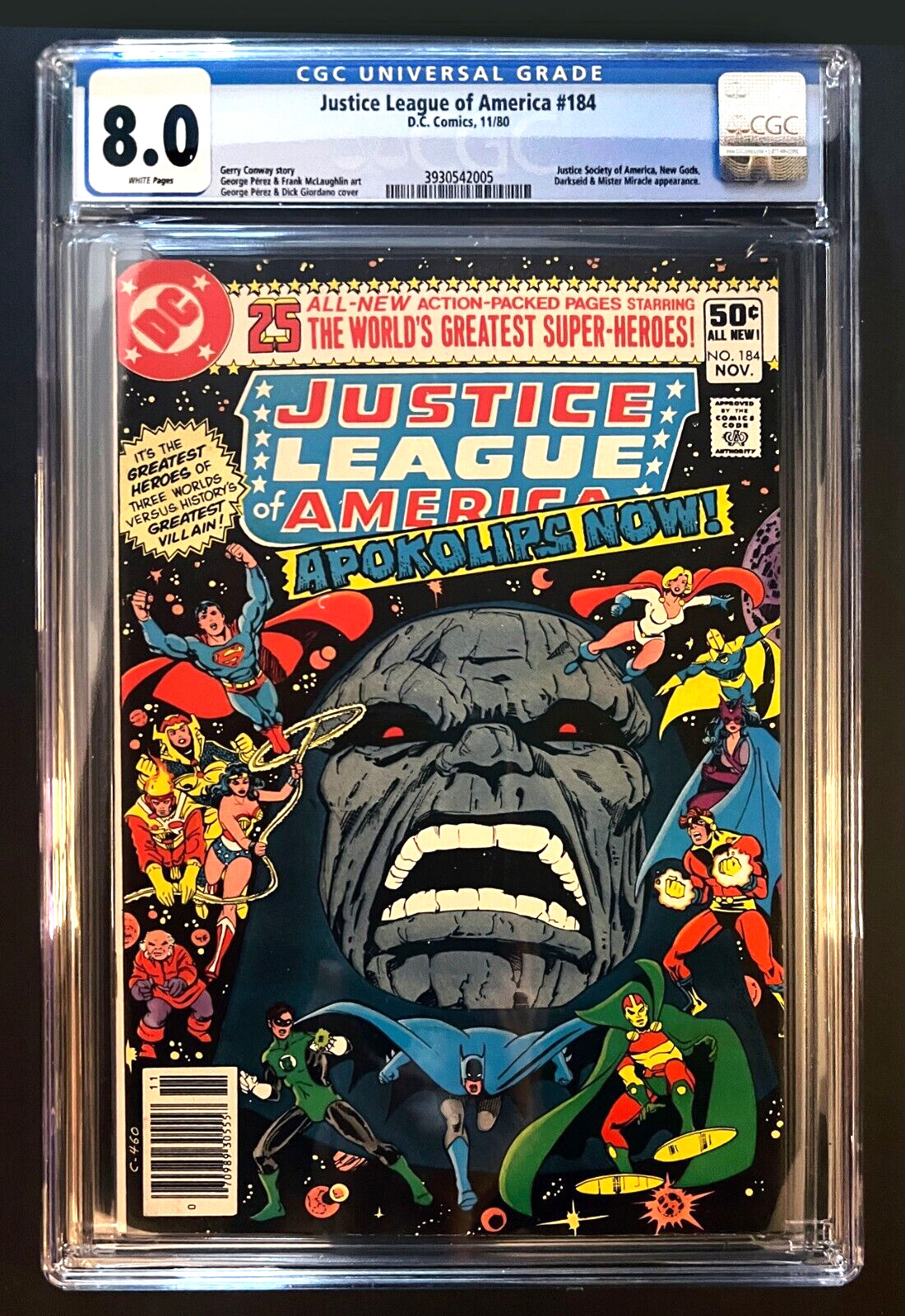 JUSTICE LEAGUE OF AMERICA#184 CGC 8.0 White Pages Darkseid George Perez DC 1980