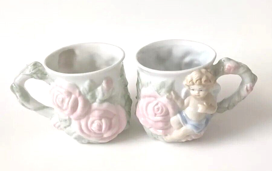 Vintage Avon Cherub Angel & Pink Roses Mugs Raised Embossed Porcelain