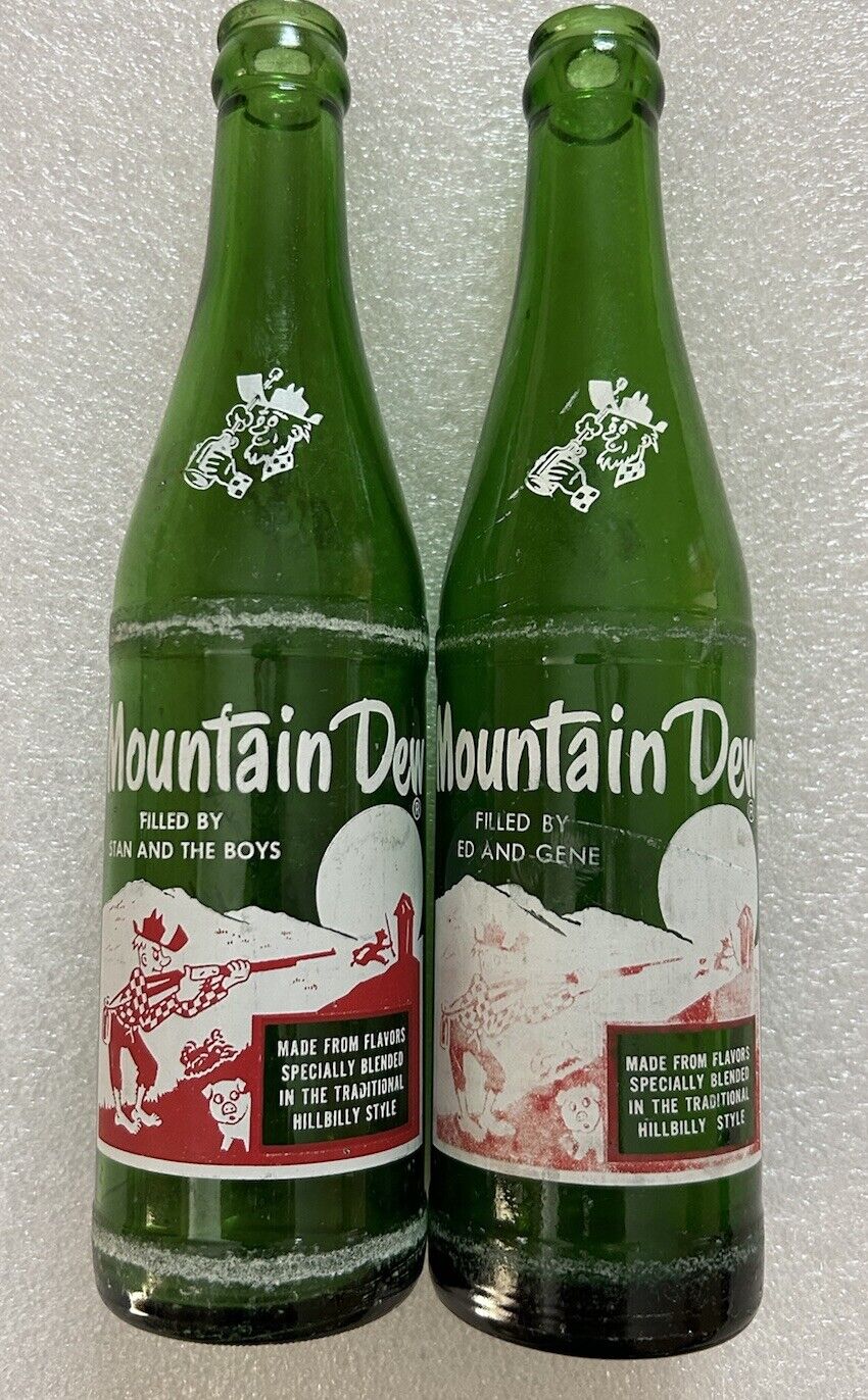 Two (2) Vintage Hillbilly Mountain Dew Bottles  10 oz: It'll tickle Yore Innards