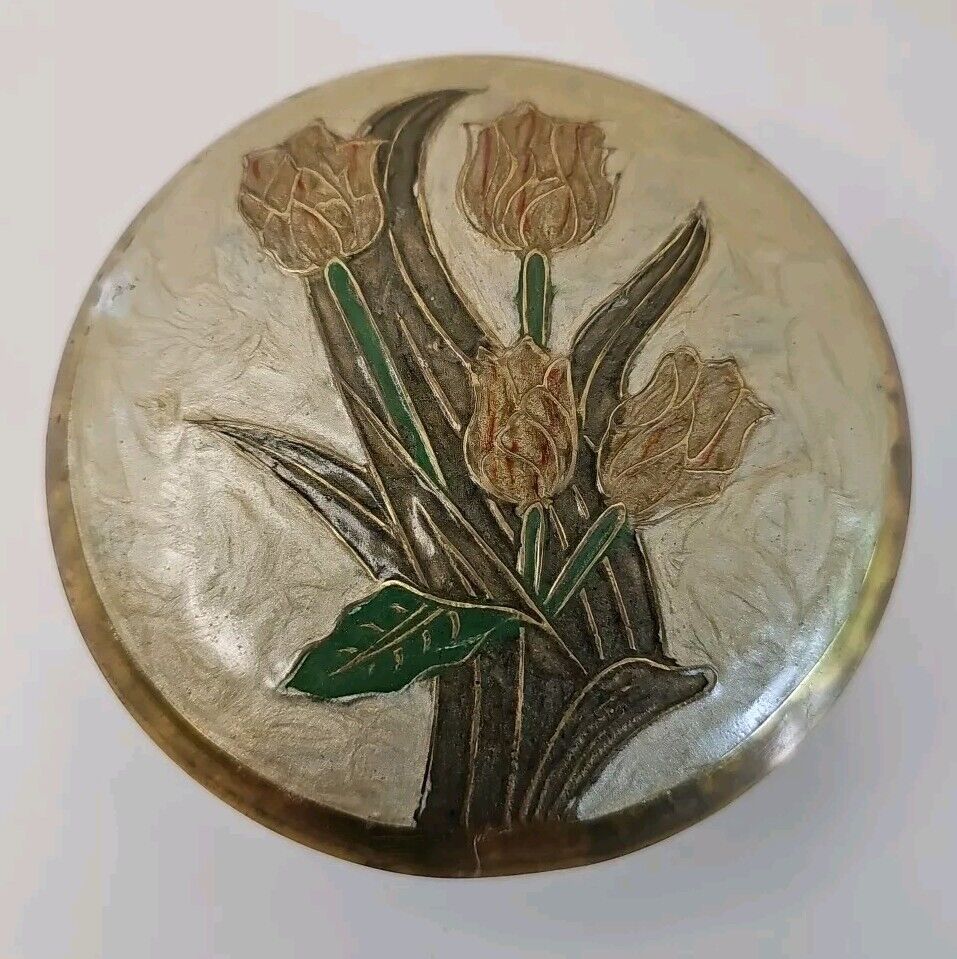 Brass Floral Enamel Cloisonné Trinket Round Jewelry Dish & Lid Made in India 