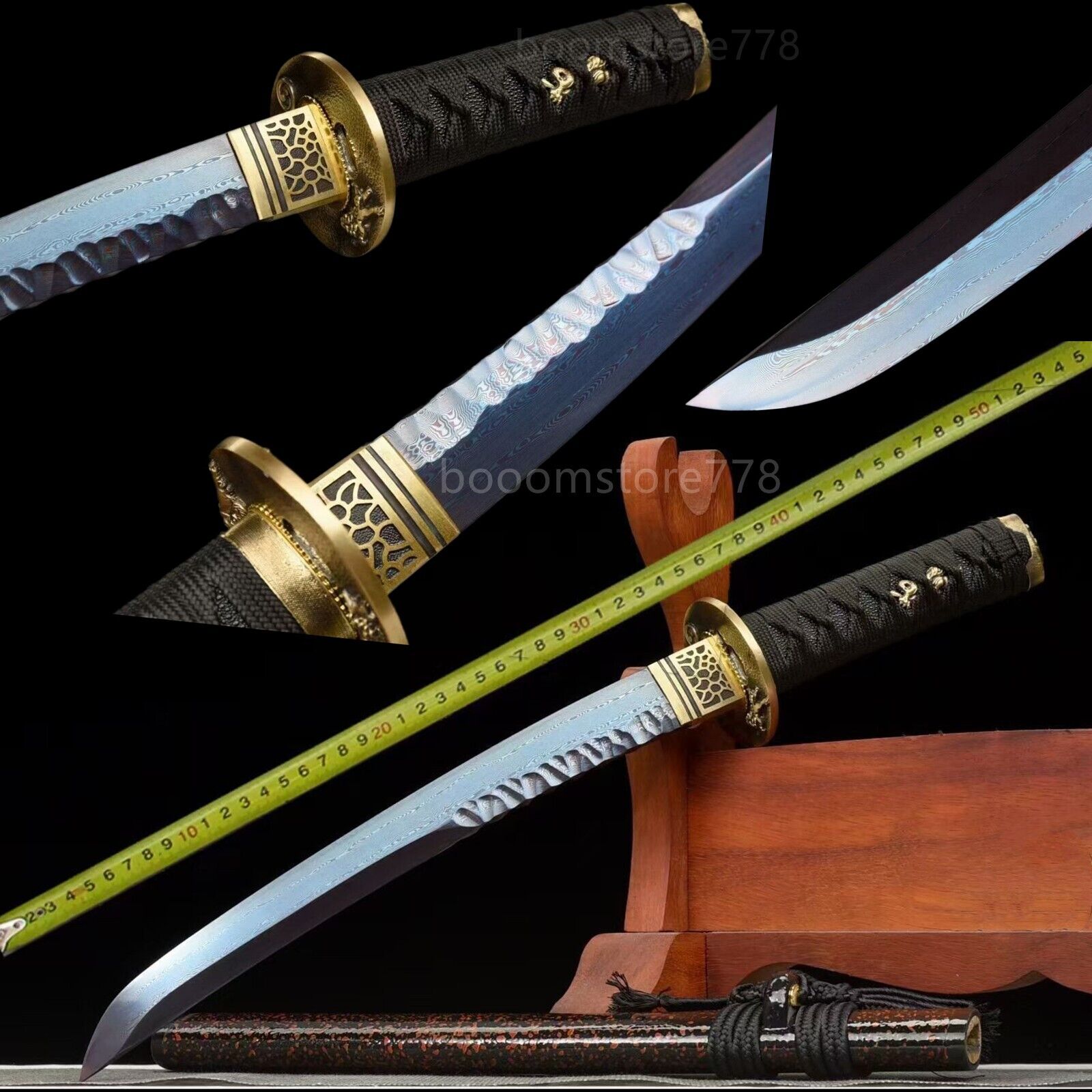 21“ Red& Blue Folded Damascus Steel Sharp Japanese Samurai Sword Katana Tanto