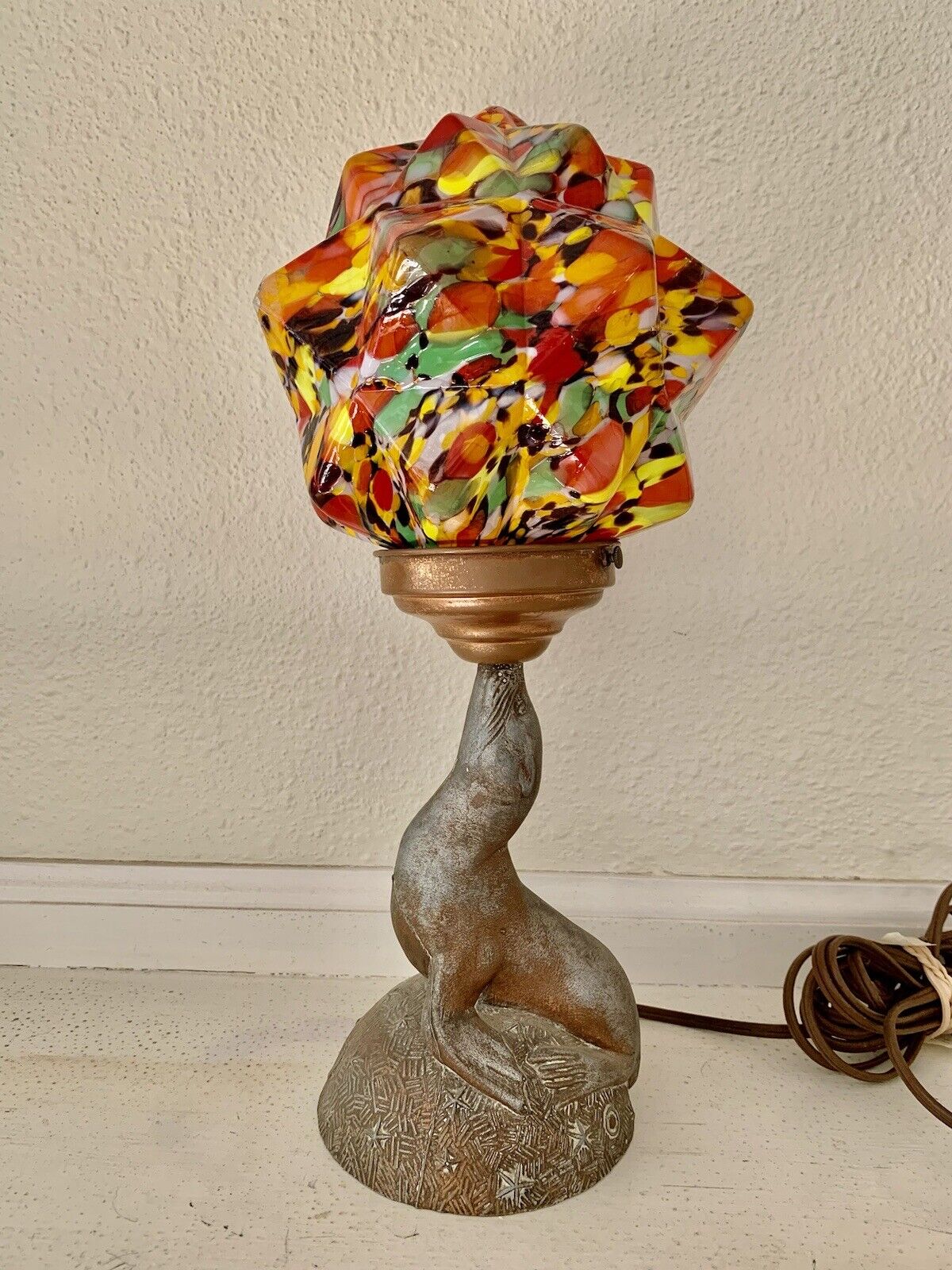 VINTAGE Art Deco Table Lamp, Czech Glass Shade