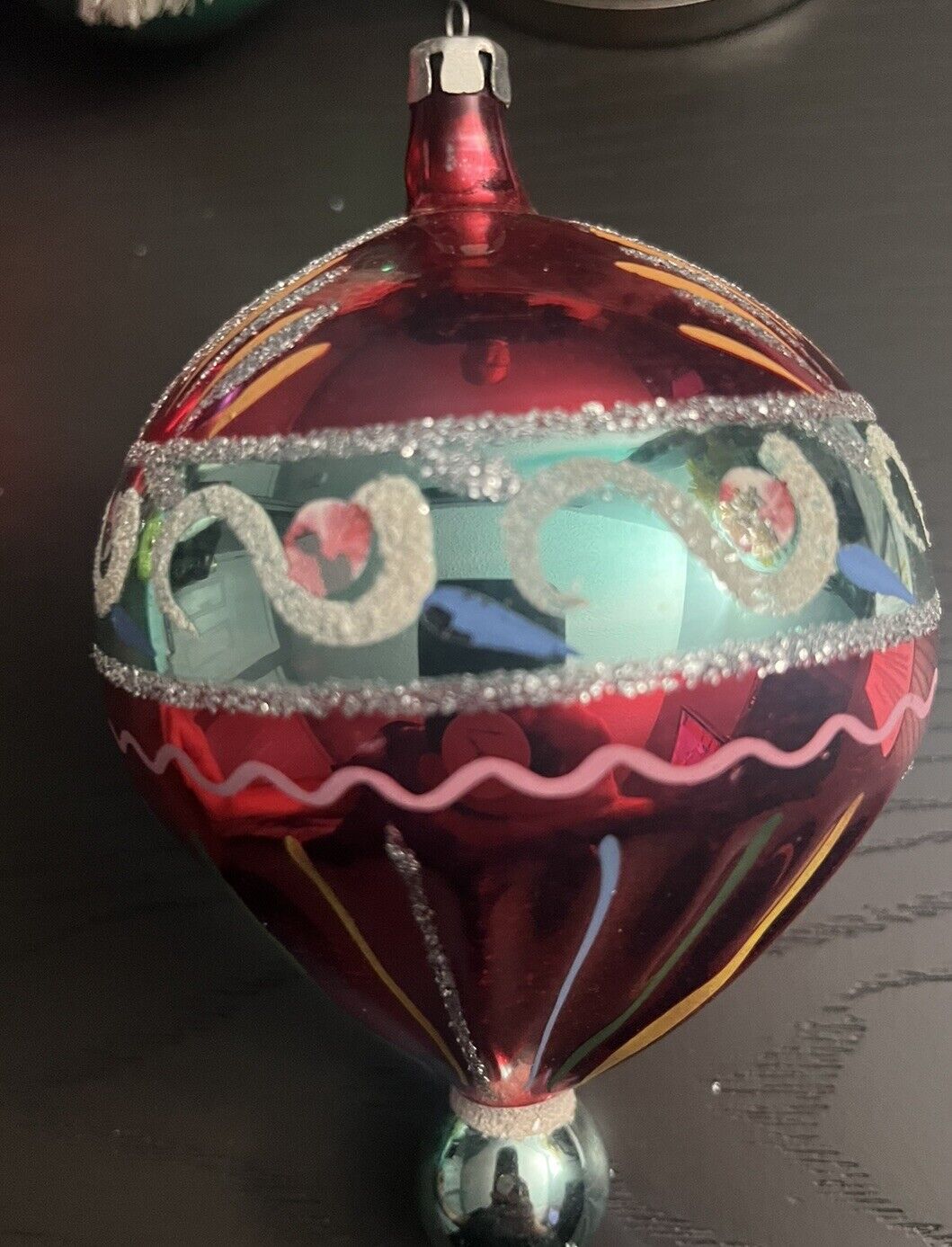 LARGE Mercury Glass Teardrop Vintage Christmas Ornament ANTIQUE HAND PAINTED