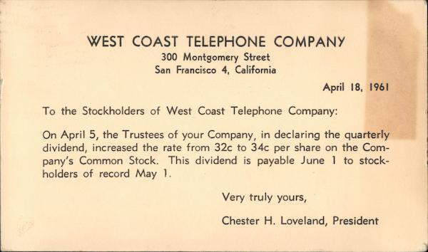 San Francisco,CA To the Stockholders of West Coast Telephone Company,April 18,19